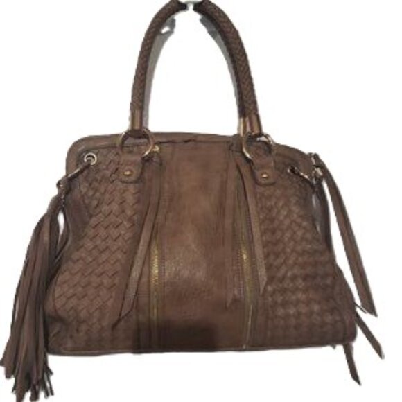 Urban Expressions Katella Vegan Fringe Satchel Shoulder Bag | Taupe Woven Medium - Picture 1 of 14